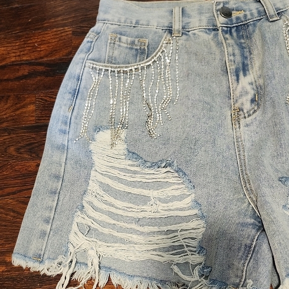 Buddy Love Light Blue Ultra Distressed Jean Shorts with Rhinestone Embellishment - Picture 4 of 8
